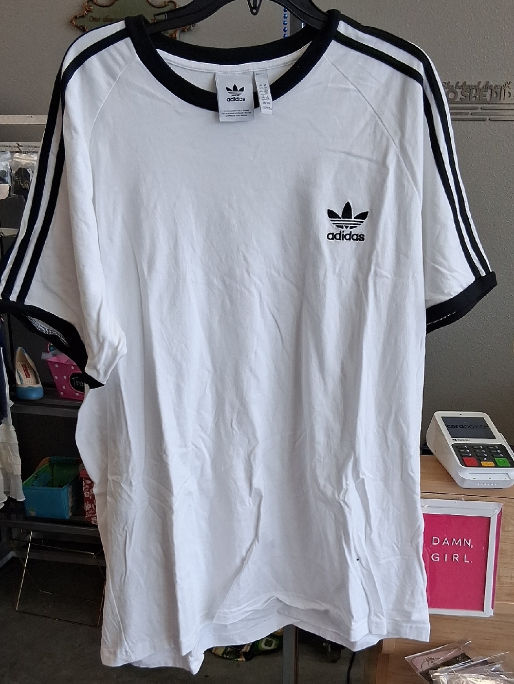 adidas White Tee with Black Ribbed Collar